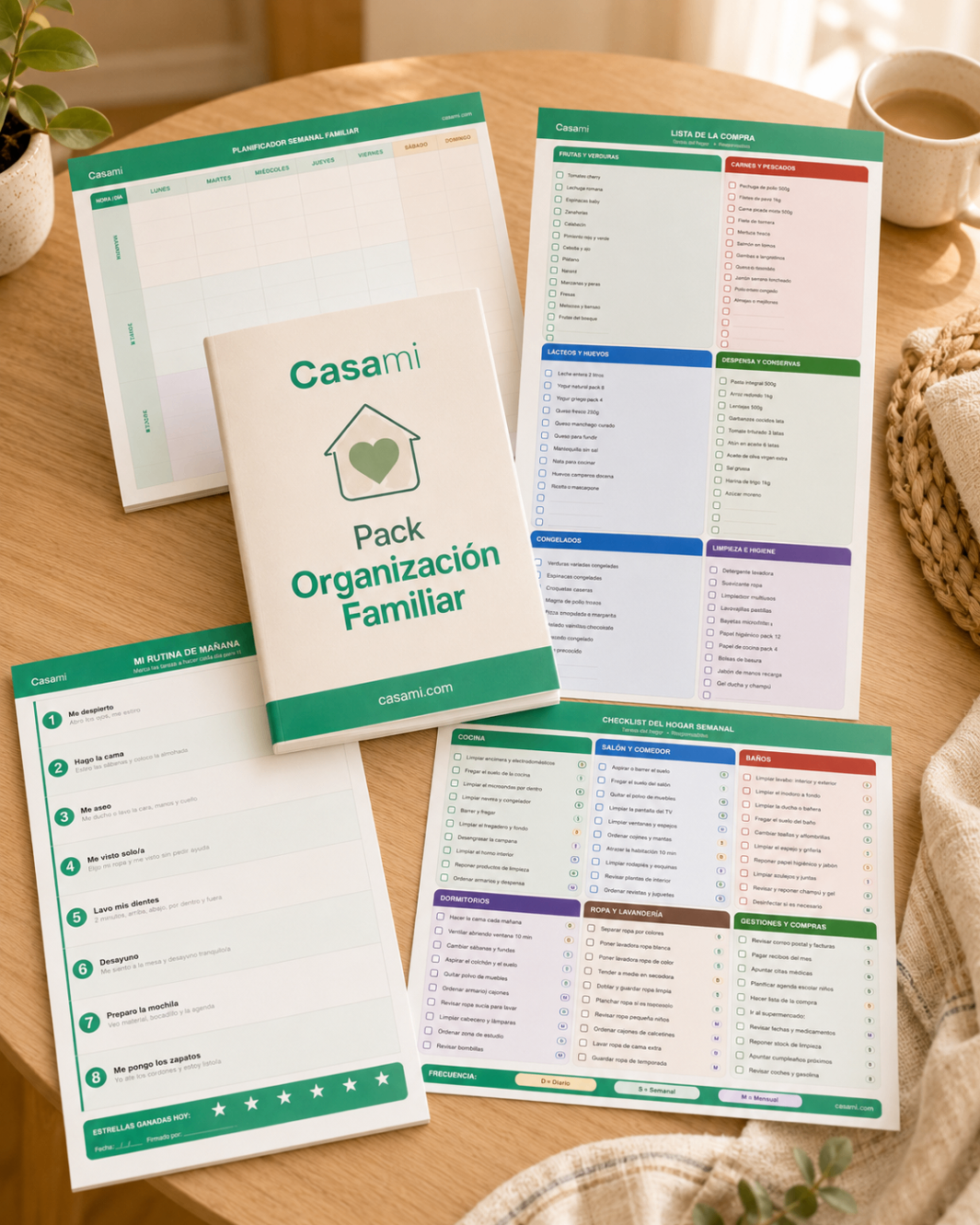 Flat lay del pack completo de organización familiar Casami