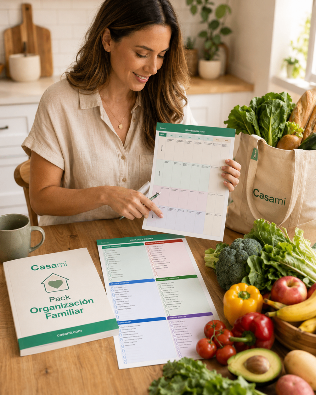 Madre mostrando el menú semanal de Casami junto a verduras frescas
