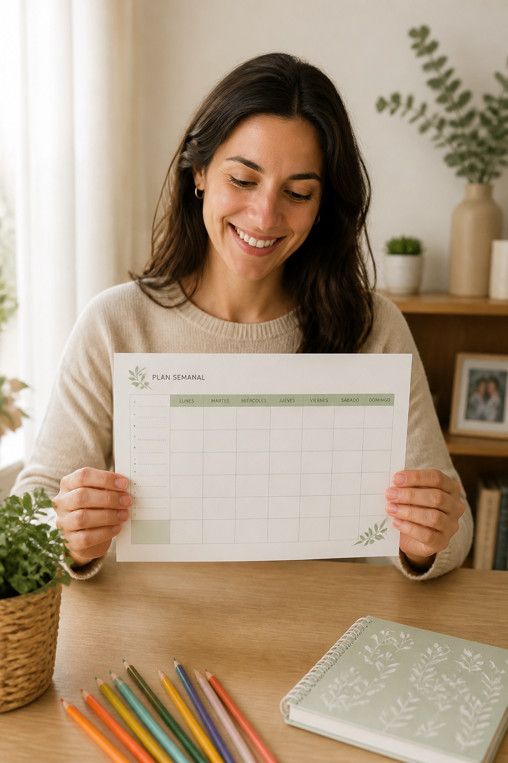 Madre sonriendo mientras organiza su semana con el planificador familiar Casami