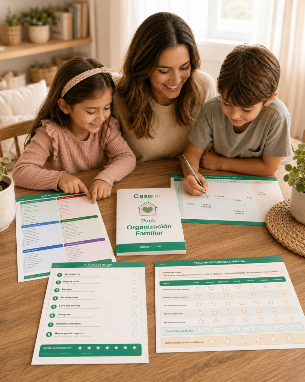 Familia usando las plantillas de Casami y la tabla de recompensas semanal
